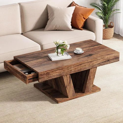 Vista 3 de Mesa de centro Farmhouse de 43 pulgadas con almacenamiento, color marrón Wood Center Tea Table with Hidden Storage, Rectangle Cocktail Table for