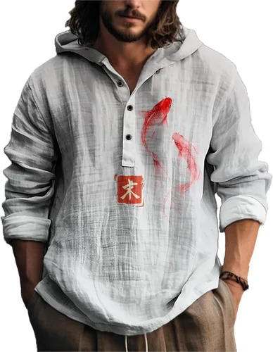 Vista 16 de MARSVOVO Camisa con capucha para hombre, vintage, retro, de 3 botones, manga larga, ligera, ligera, a la moda, casual, para uso diario, primavera