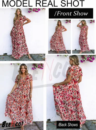 Vista 7 de BLENCOT Vestido largo casual de manga corta para mujer, estilo bohemio, estampado floral, cuello en V, fruncido, cóctel, fiesta, maxi vestidos