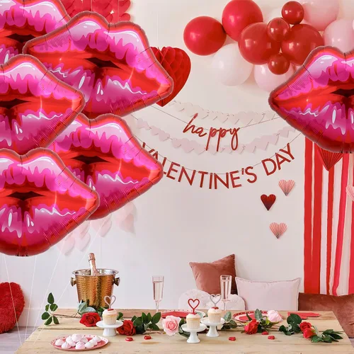 Vista 4 de Paquete de 10 globos grandes de labios rojos y rosados, globos de corazón para decoración de fiestas temáticas de maquillaje, aniversario, Kiss the