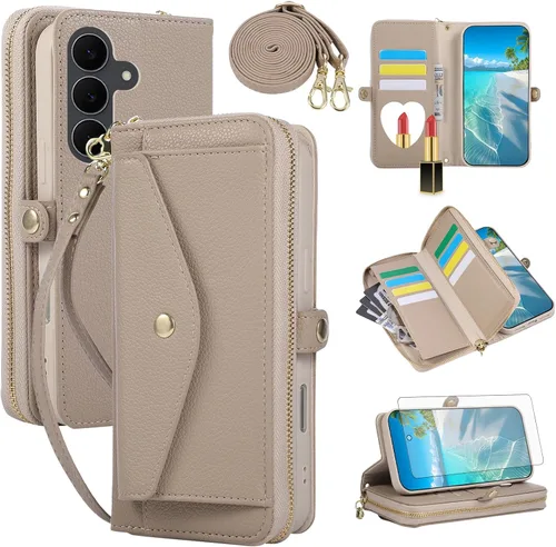 Vista 74 de Asuwish Funda de teléfono para Samsung Galaxy S23 5G con cremallera, funda para celular con protector de pantalla, correa para el hombro, espejo