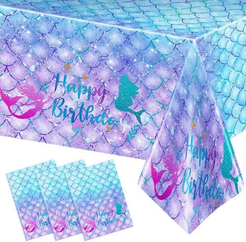 Vista 7 de DaiUni 1 mantel de cumpleaños de sirena para decoración de fiesta de cumpleaños, funda rectangular desechable de plástico para suministros de fiesta