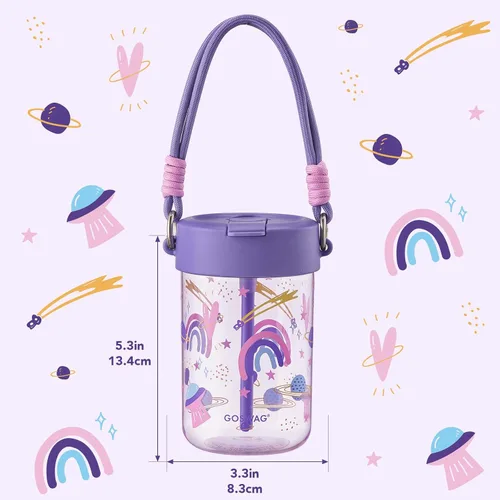 Vista 6 de GOSWAG Botella de agua para niños de 16 onzas con tapa con popote, botella Sueño estrellado