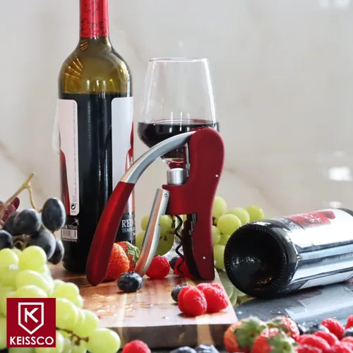 Vista 8 de KEISSCO Abridor de botellas de vino con sacacorchos de palanca vertical con cortador de papel de aluminio y espiral adicional