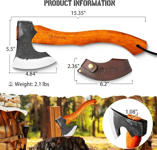 Vista 4 de NEDFOSS Hacha de Acampar Mammoth, Hacha de Camping de 15.5" con Acero de Alto Carbono 1065 y Mango de Madera, Hacha Multiusos para Camping