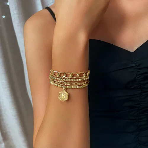 Vista 2 de Pulseras chapadas en oro para mujer, pulseras con inicial de oro, juego de pulseras apilables de cuentas en capas de oro, pulseras lindas, Ágata