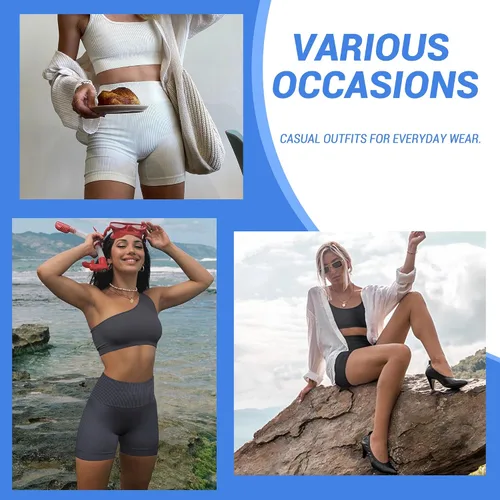 Vista 3 de GAYHAY Pantalones cortos de entrenamiento de 3 piezas para mujer, sin costuras, acanalados, con levantamiento de glúteos, cintura alta, pantalones