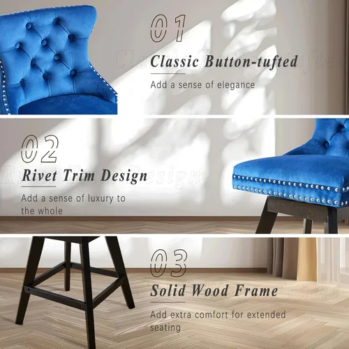 Vista 260 de SoarFlash Juego de 2 taburetes de bar tapizados de terciopelo moderno con patas de madera, botones acolchados, cabeza de clavo cromada, asiento