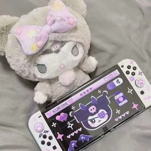 Vista 2 de ENFILY Cute Kuromi Case Compatible with Nintendo Switch OLED Dockable Case Cover Ergonomic Soft TPU Grip Case for Joycon Sparkle Skin Set