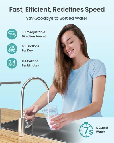 Vista 5 de Sistema de ósmosis inversa sin tanque 600GPD Certificado NSF, Sistema de filtración de agua RO bajo el fregadero, reducción de TDS de 500 a 20