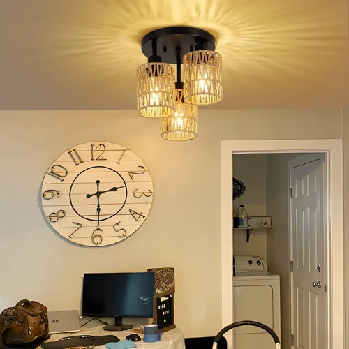 Vista 2 de Lámparas de Techo Bohemias de 3 Luces Montaje en Techo, Candelabro de Ratán Estilo Granja, Pantalla de Jaula Tejida a Mano Montaje Semi Empotrado