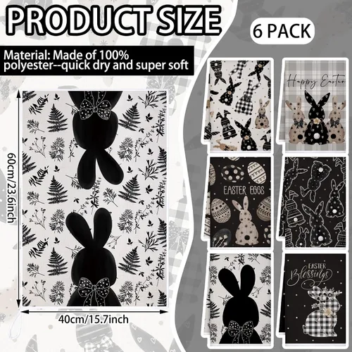 Vista 3 de Preboun 6 toallas de cocina con huevos de Pascua, toallas de mano retro con diseño de conejo, color negro y blanco a cuadros, paño decorativo
