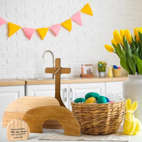 Vista 3 de Wenqik Escena de Pascua, decoración de madera, juego de escena de resurrección de Pascua religiosa, escena de la tumba vacía y adorno de estatua
