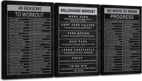 Vista 56 de Arte de Pared Motivacional 40 Razones para Entrenar 3 Piezas Pintura Impresión en Lienzo Decoración de Oficina Póster Mentalidad Millonaria