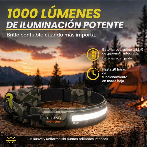 Vista 3 de Liteband PRO - Linterna frontal personal ajustable de haz ancho de la serie 1000, iluminación de 210°, funciona con pilas, se adapta a sombreros