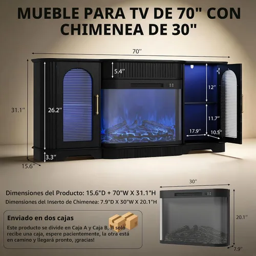 Vista 2 de Soporte de TV estriado de 70 pulgadas con chimenea eléctrica curvada Negro