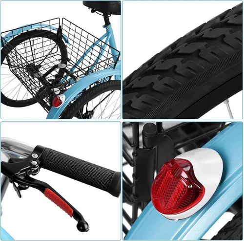 Vista 5 de Bicicletas de tres ruedas de 24 pulgadas para adultos, triciclos para adultos para mujeres, triciclo de 7 velocidades con doble cadena, triciclo
