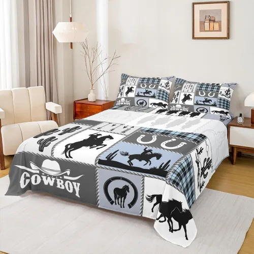 Vista 22 de Juego de sábanas para niños estilo vaquero occidental tamaño individual, juego de ropa de cama con diseño geométrico de cactus, decoración