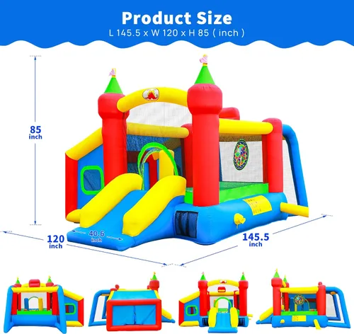 Vista 3 de WELLFUNTIME Casa Inflable para Saltar, Castillo Hinchable con Tobogán y Soplador, Brincolín para Niños con Alberca de Pelotas
