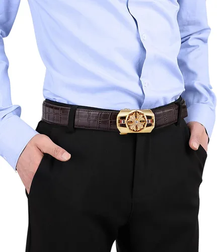 Vista 2 de Cinturón de trinquete para hombre cinturón de cuero con hebilla automática de aleación tendencia a la moda con caja de regalo