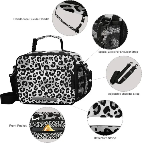 Vista 4 de Kcldeci Bolsa de almuerzo de colores grises con estampado de leopardo animal, bolsas de almuerzo aisladas, caja de almuerzo reutilizable, bolsa