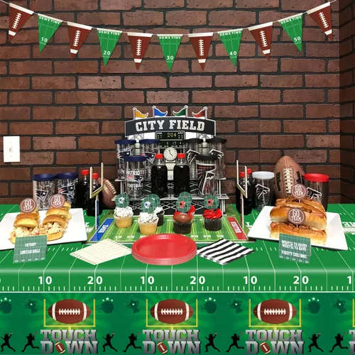 Vista 7 de Paquete de 4 manteles de fútbol americano, fundas para mesa de cumpleaños, fiesta temática de fútbol, mantel desechable para mesa de retorno