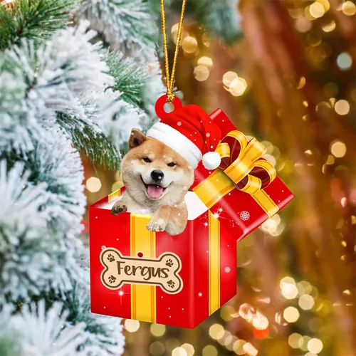 Vista 7 de Adorno de Navidad personalizado de Akita Inu, nombre personalizado Akita Inu para árbol de Navidad, en caja de regalo roja