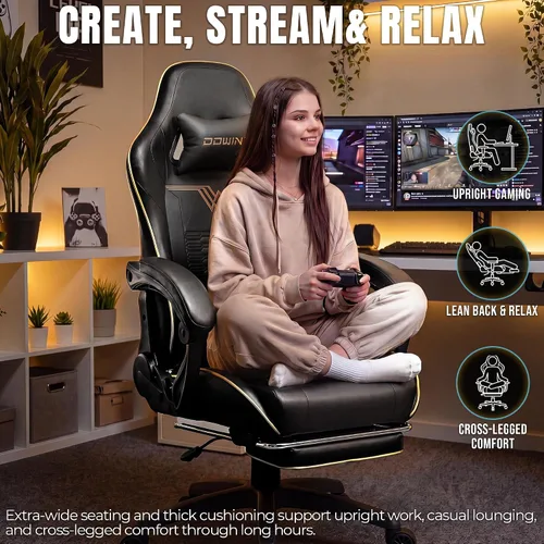 Vista 5 de Dowinx - Silla de juegos grande y alta, 350 libras con reposapiés lumbar de masaje Negro