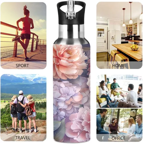 Vista 5 de BPA-Free Sport Water Bottle Insulated 20 Oz, Stainless Steel Vacuum Insulated Water Bottle for Gym Outdoor Travel School, Watercolor Peonies