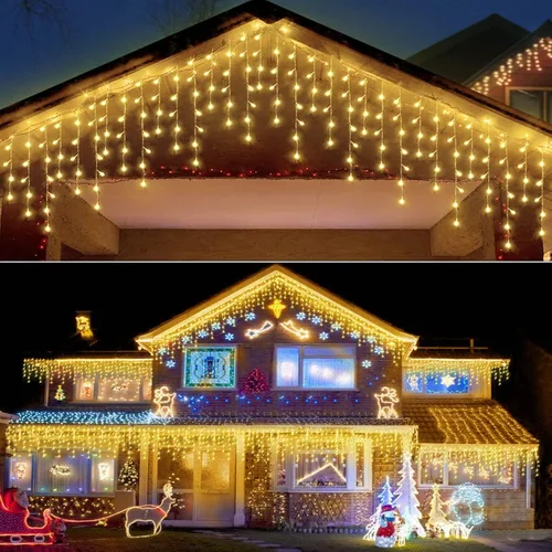 Vista 7 de 304 luces LED solares de carámbano de Navidad para decoración al aire libre, 8 modos de luces impermeables para exteriores, vacaciones, patio Blanco