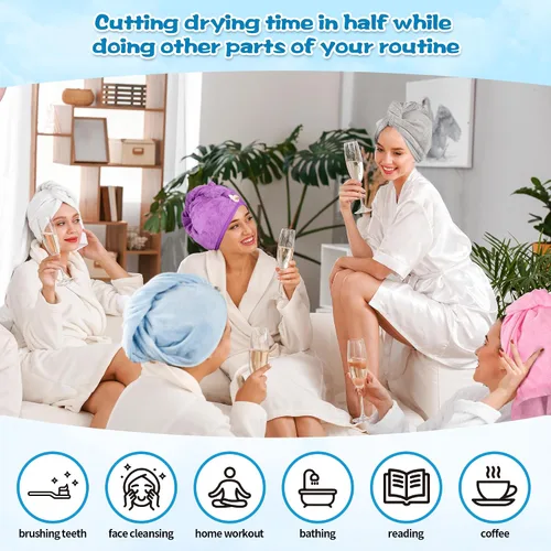 Vista 6 de Toalla para el cabello, paquete de 5 envolturas para el cabello de secado rápido, altamente absorbentes, ajustables, suaves, turbante