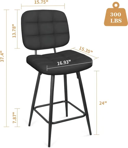 Vista 3 de ERGOSEAT Juego de 2 taburetes de bar de altura de mostrador de 24 pulgadas Parte trasera de metal - Negro