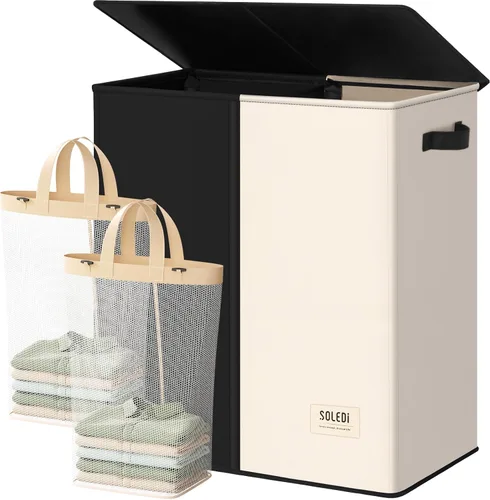 Vista 16 de SOLEDI Cesta de lavandería grande doble con tapa, cesta de ropa plegable de 2 secciones con bolsas extraíbles, cesta de lavandería que ahorra