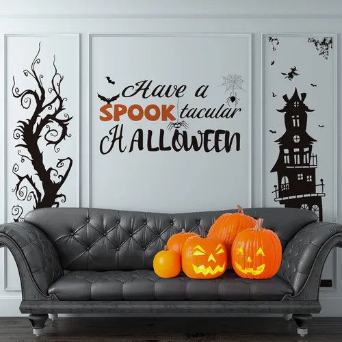 Vista 2 de Zonon 3 hojas de calcomanías de pared de Halloween extraíbles DIY Bat Castle Stickers Large Black Halloween Window Clings, Peel and Stick Spooky