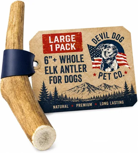 Vista 17 de Devil Dog Pet Co. Cuernos de alce divididos para perros, masticables naturales para perros con médula expuesta, larga duración y sin olor