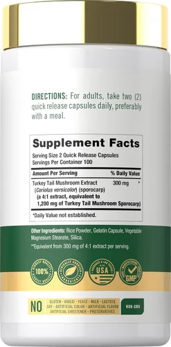 Vista 2 de Carlyle Cápsulas de hongos de cola de pavo 1200 mg 200 unidades Extracto sin OMG y sin gluten
