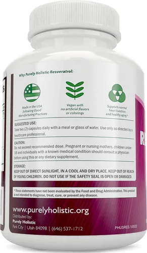 Vista 3 de Purely Holistic Resveratrol 1450mg + Ashwagandha orgánica 1300mg y pimienta negra - Paquete vegano - 180 + 180 cápsulas - Repleto de potentes