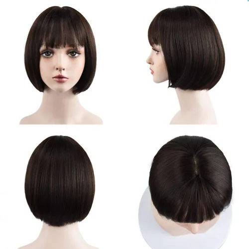 Vista 2 de REECHO peluca corta con flequillo, de cabello sintético, para cosplay, para mujeres Marrón oscuro