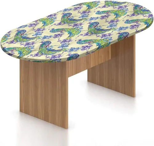 Vista 26 de XISUNYA Mantel ovalado ajustable de poliéster elástico de pavo real, con estampado de fotos y plumas coloridas, se adapta a mesas ovaladas de hasta