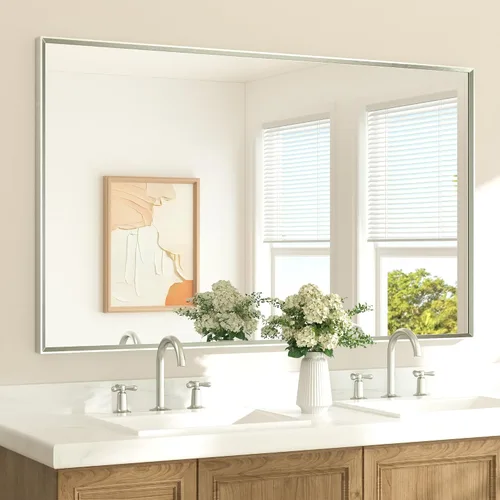 Vista 59 de TETOTE Espejo de baño dorado cepillado de 20" x 30", espejo de tocador de baño rectangular de latón dorado cepillado con marco biselado para sobre
