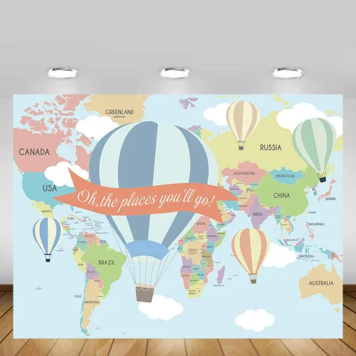 Vista 4 de MEHOFOND Mapa de viaje, decoración de fiesta de cumpleaños, telón de fondo de viaje alrededor del mundo, globo aerostático Oh The Places You Will Go