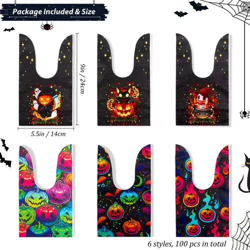 Vista 2 de Weenkilly 100 Bolsas de Golosinas de Halloween, 6 Estilos de Bolsas de Dulces para Niños, Linda Bolsa de Plástico con Orejas de Conejo, Bolsa