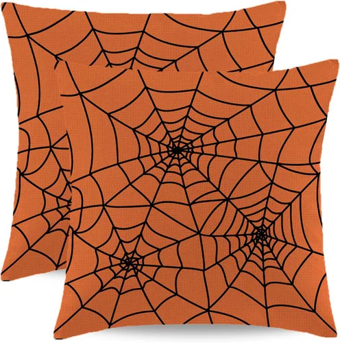Vista 10 de Juego de 2 fundas de almohada de Halloween de 16 x 16 pulgadas, fundas cuadradas de lino decorativas de lino para el hogar, la cama o el sofá