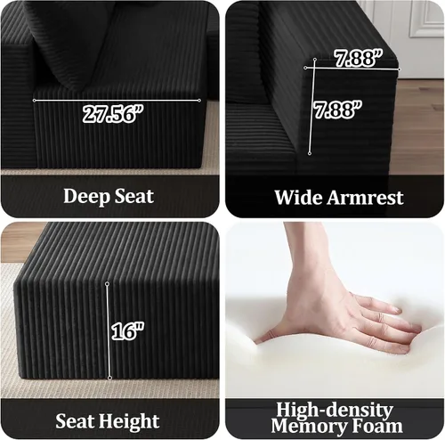 Vista 3 de Sofá modular sin hueso de 118 pulgadas con diván y otomano de pana de gran tamaño en forma de U, sofá de nube de pana para asiento profundo
