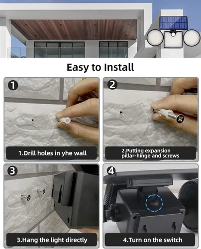 Vista 7 de Luces solares de pared para exteriores, 3 cabezales ajustables de 270°, iluminación de gran angular de 3000 lúmenes, 204 luces LED de inundación