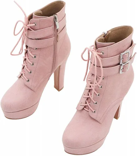 Vista 2 de XIEDA Botines de tacón alto con cordones y cremallera lateral para mujer