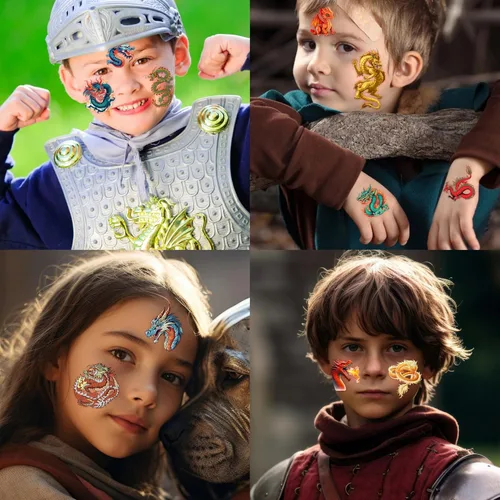 Vista 6 de 96 piezas de tatuajes temporales precortados de dragón, suministros de fiesta de cumpleaños, decoraciones de caballero dragón, tatuajes falsos súper