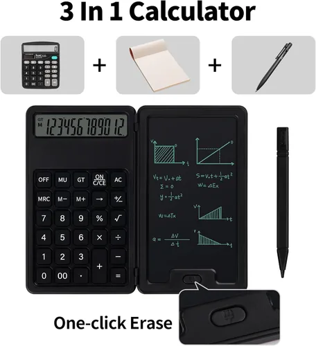 Vista 2 de Calculadora básica portátil de escritorio, mini calculadoras pequeñas con bloc de notas de escritura y lápiz capacitivo, más ligera y portátil, Negro