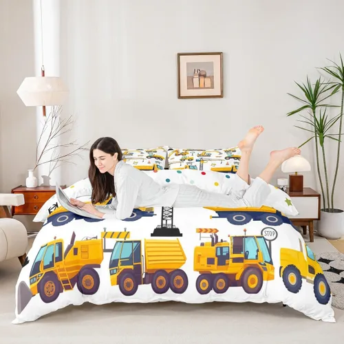 Vista 4 de Erosebridal Juego de ropa de cama para niños de construcción tamaño individual para niños, cubierta de edredón para camiones excavadoras, juego