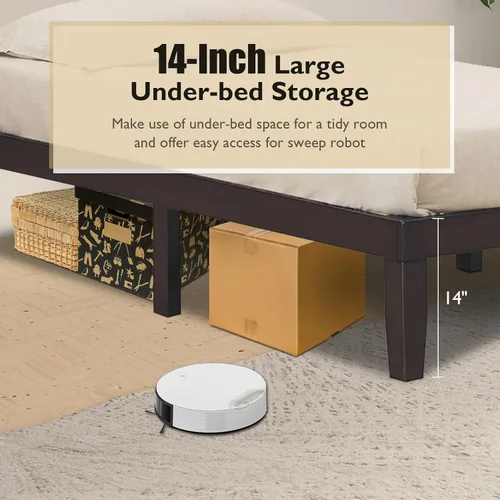 Vista 6 de COSTWAY Base de cama de plataforma de tamaño individual, base de colchón de madera de goma maciza de 14 pulgadas con soporte de listones